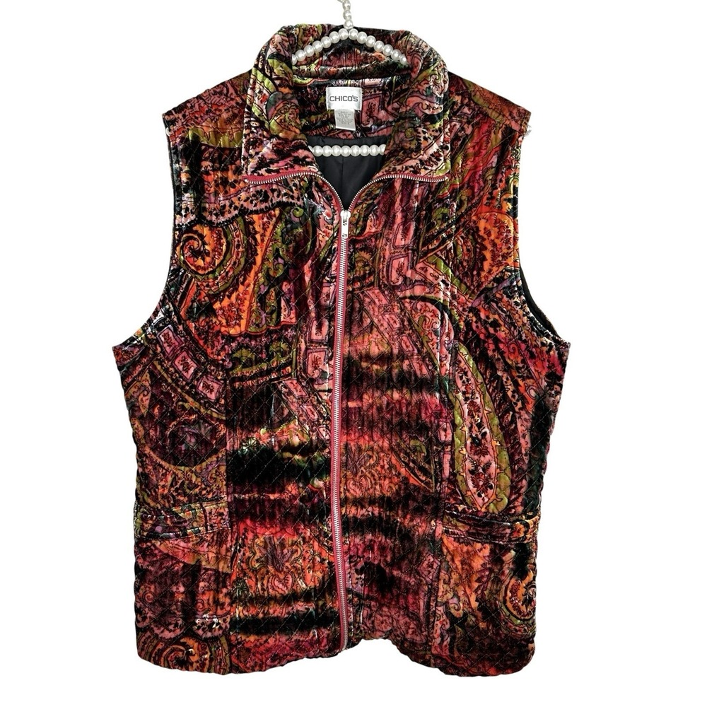 Chicos Velvet Boho Vest Sz 3 XL Art Wear Paisley Quilted Zip Silk Blend Travel